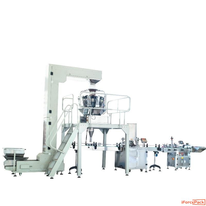 Automatic food granule nuts weighing filling sealing labeling machine