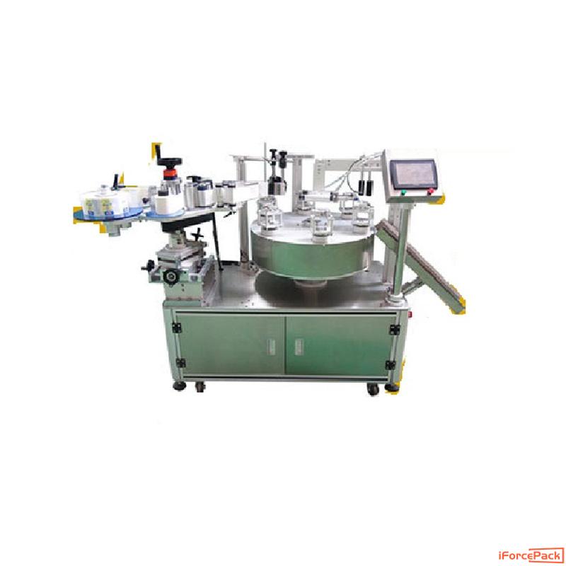 Semi automatic turntable type twin tubes syringe vertical labeling machine