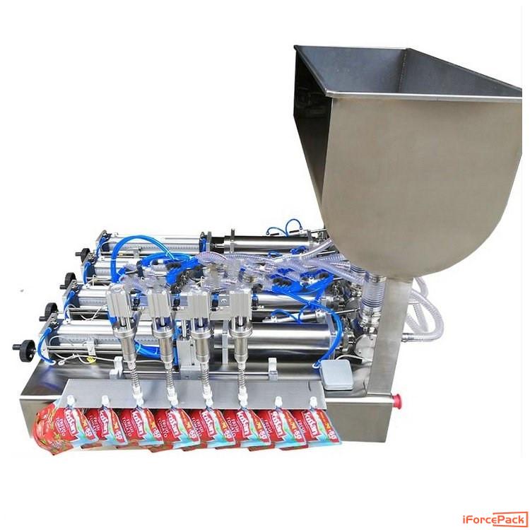 Semi automatic stand bag 4 heads sauce filling machine with hopper tank